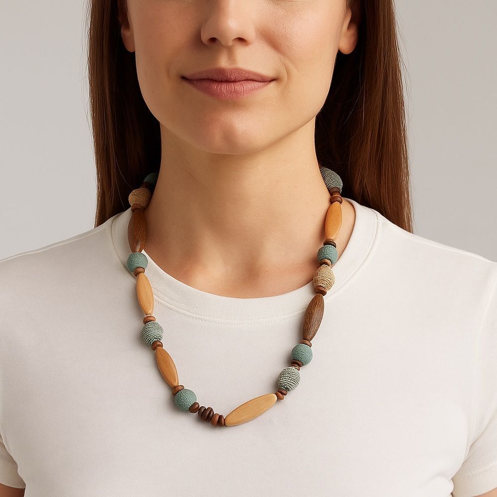 Fossil Vintage Ethnic Tribal Wooden Beaded Necklace Green Brown